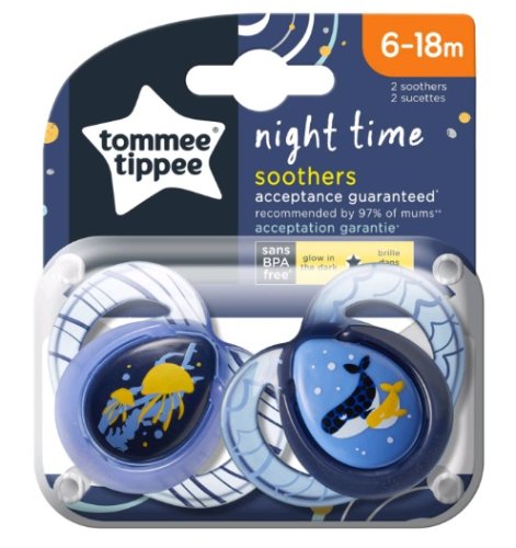 Tommee Tippee Пустышка силиконовая Night Time Meduza/Balena, 6-18 месяцев, 2 штуки